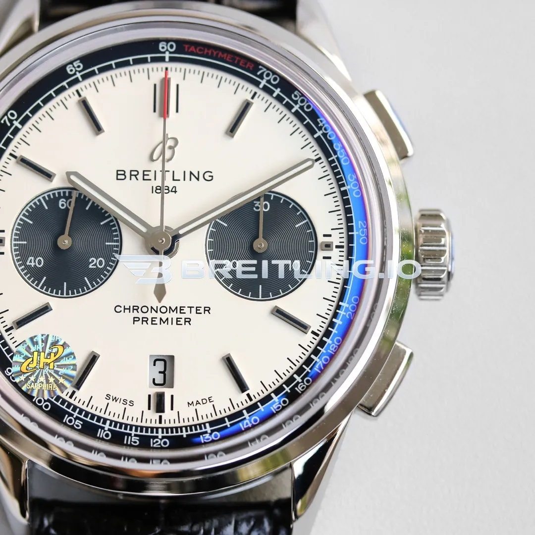 Breitling Premier B01 Chronograph 42 AB0118221G1P1 Cream White Panda Dial 316L Steel Bezel Black Leather Replica Dial Detail 1