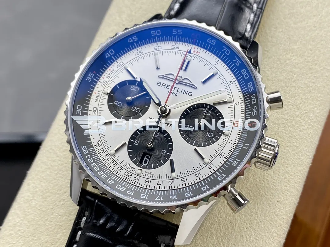 Breitling Navitimer B01 Chronograph 43 AB0138241G1P1 Silver Panda Dial Steel Slide Rule Bezel Black Leather Aviation Replica Dial Detail 2