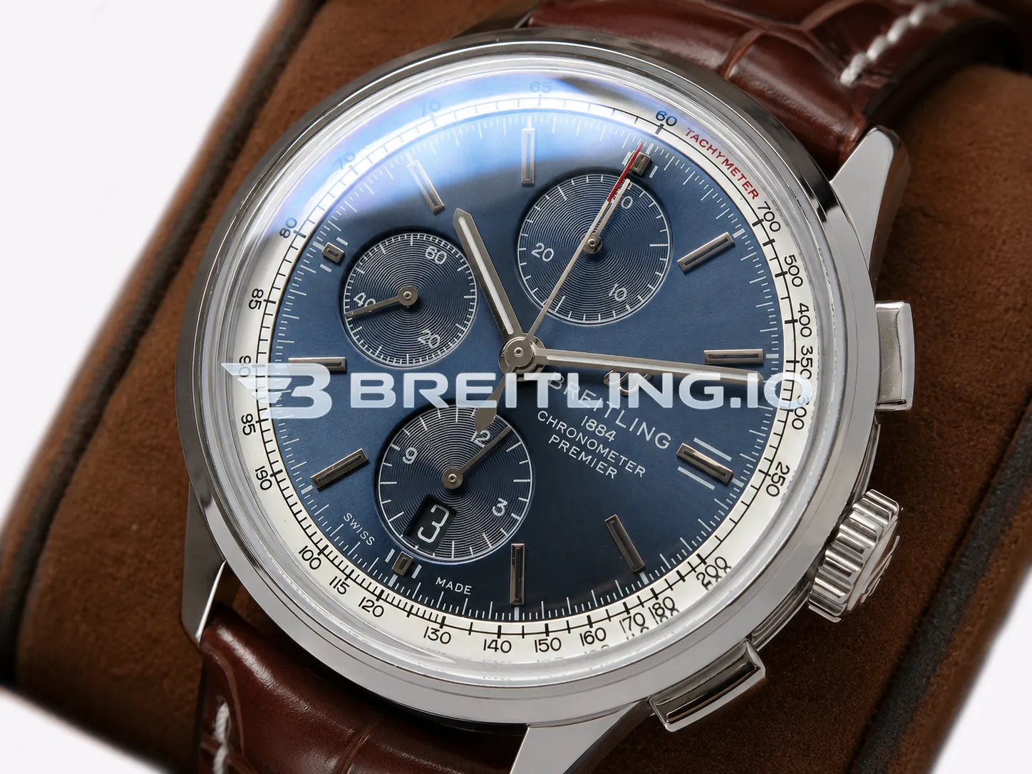 Breitling Premier Chronograph 42 A13315351C1P2 Deep Blue Sunburst Dial Steel Brown Leather Dress Replica Dial Detail 2