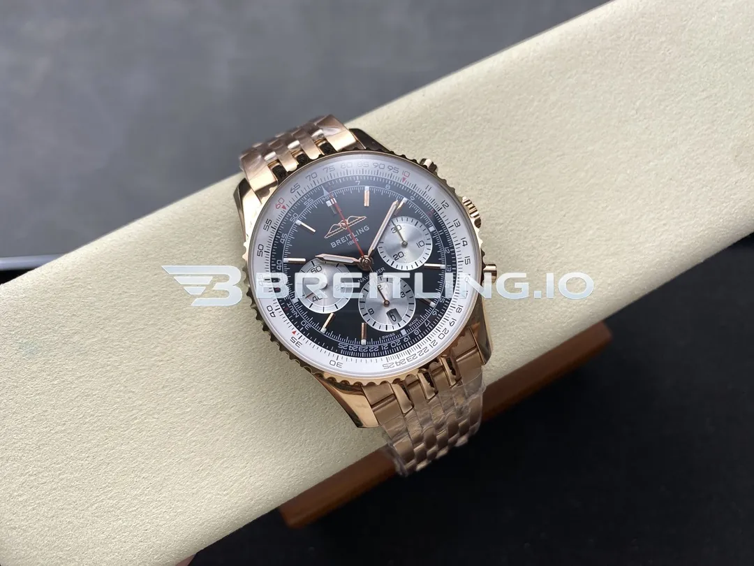 Breitling Navitimer B01 Chronograph 43 RB0138211B1R1 Black Panda Dial 18K Rose Gold Metal Bezel Bracelet Aviation Replica Side View