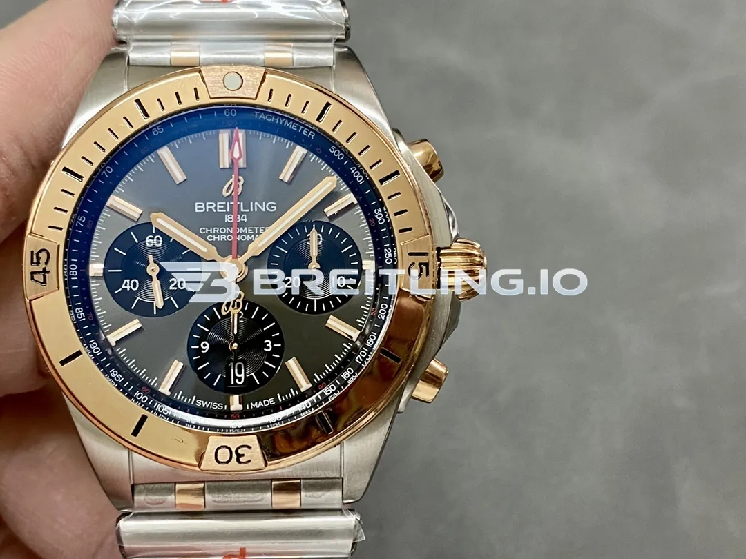 Breitling Chronomat B01 42 UB0134101B1U1 Charcoal Gray Dial Two-Tone 18K Rose Gold Steel Bezel Chronograph Replica Front View