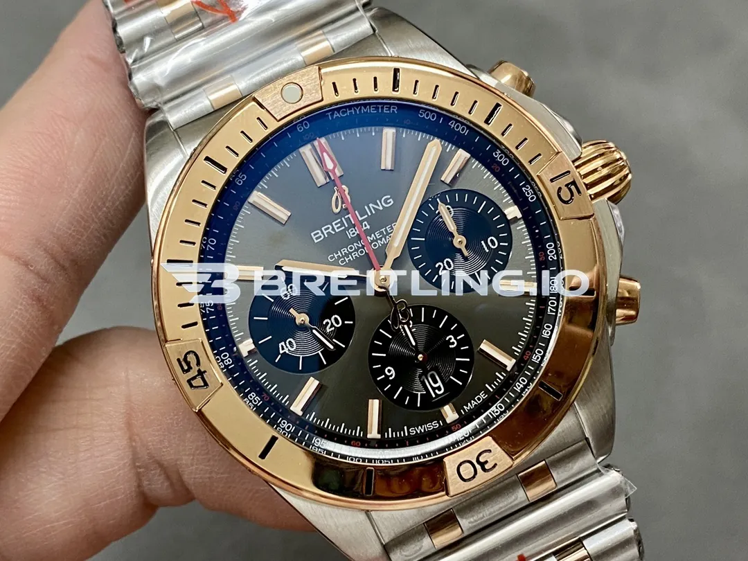 Breitling Chronomat B01 42 UB0134101B1U1 Charcoal Gray Dial Two-Tone 18K Rose Gold Steel Bezel Chronograph Replica Dial Detail 1