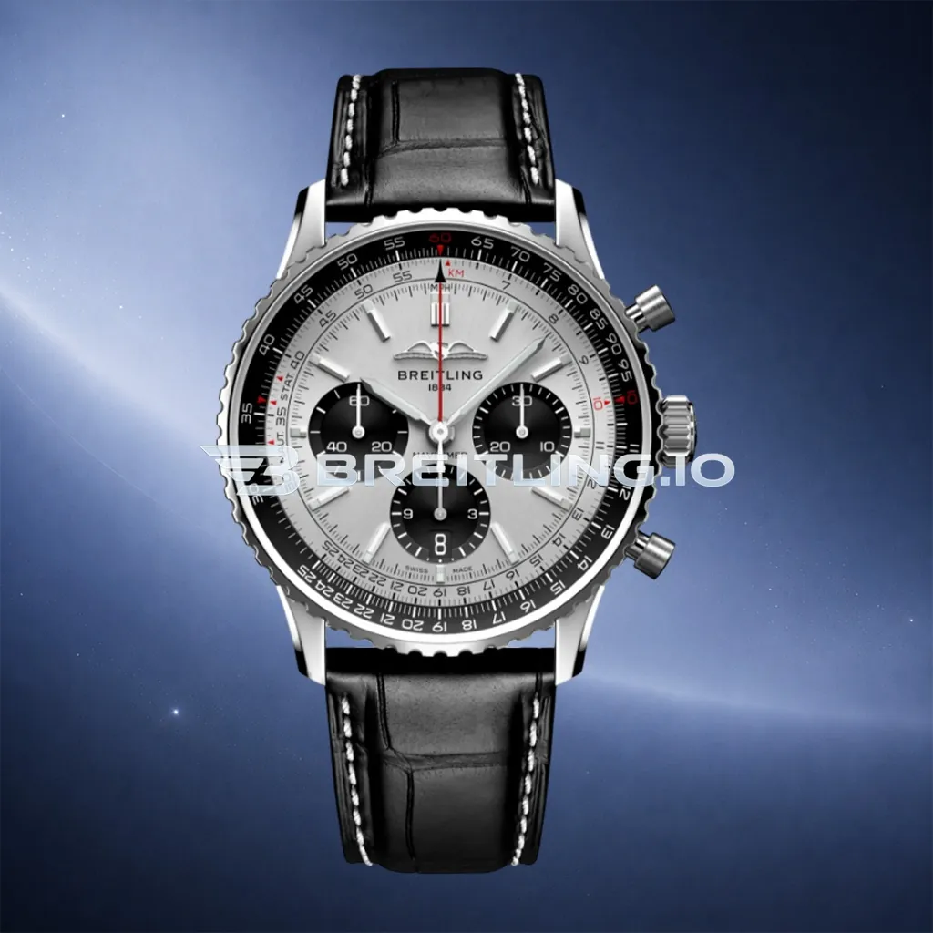 Breitling Navitimer B01 Chronograph 43 AB0138241G1P1 Silver Panda Dial Steel Slide Rule Bezel Black Leather Aviation Replica First Image
