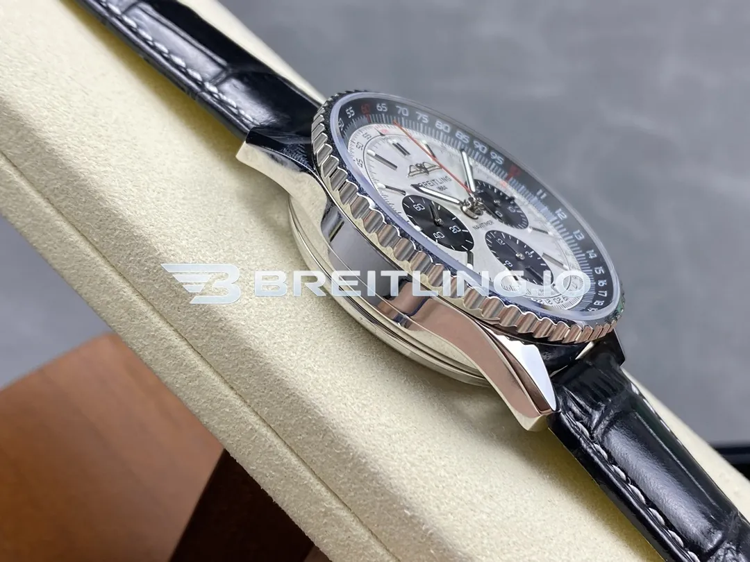 Breitling Navitimer B01 Chronograph 43 AB0138241G1P1 Silver Panda Dial Steel Slide Rule Bezel Black Leather Aviation Replica Left View