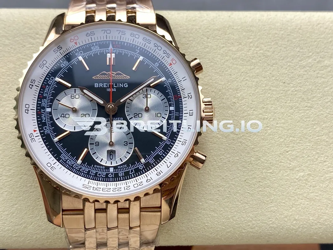 Breitling Navitimer B01 Chronograph 43 RB0138211B1R1 Black Panda Dial 18K Rose Gold Metal Bezel Bracelet Aviation Replica Front View
