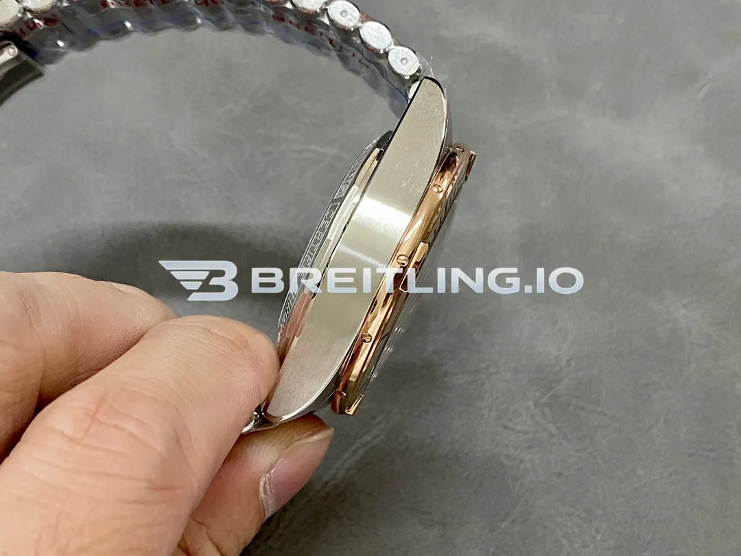 Breitling Chronomat B01 42 UB0134101B1U1 Charcoal Gray Dial Two-Tone 18K Rose Gold Steel Bezel Chronograph Replica Left View