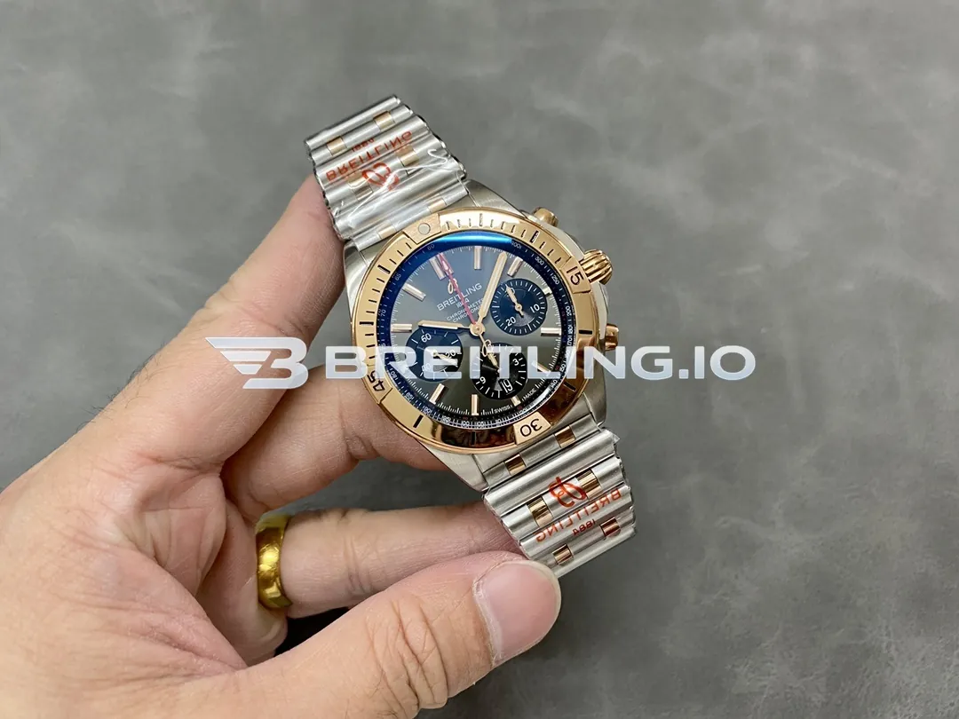 Breitling Chronomat B01 42 UB0134101B1U1 Charcoal Gray Dial Two-Tone 18K Rose Gold Steel Bezel Chronograph Replica Side View