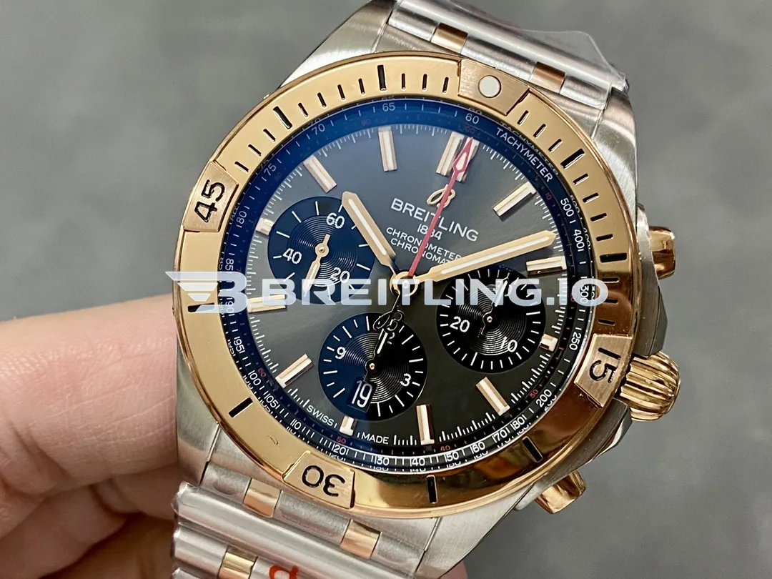 Breitling Chronomat B01 42 UB0134101B1U1 Charcoal Gray Dial Two-Tone 18K Rose Gold Steel Bezel Chronograph Replica Dial Detail 2