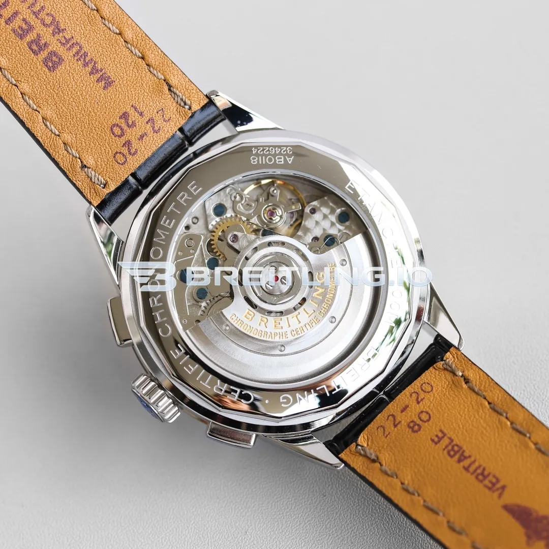 Breitling Premier B01 Chronograph 42 AB0118221G1P1 Cream White Panda Dial 316L Steel Bezel Black Leather Replica Back View