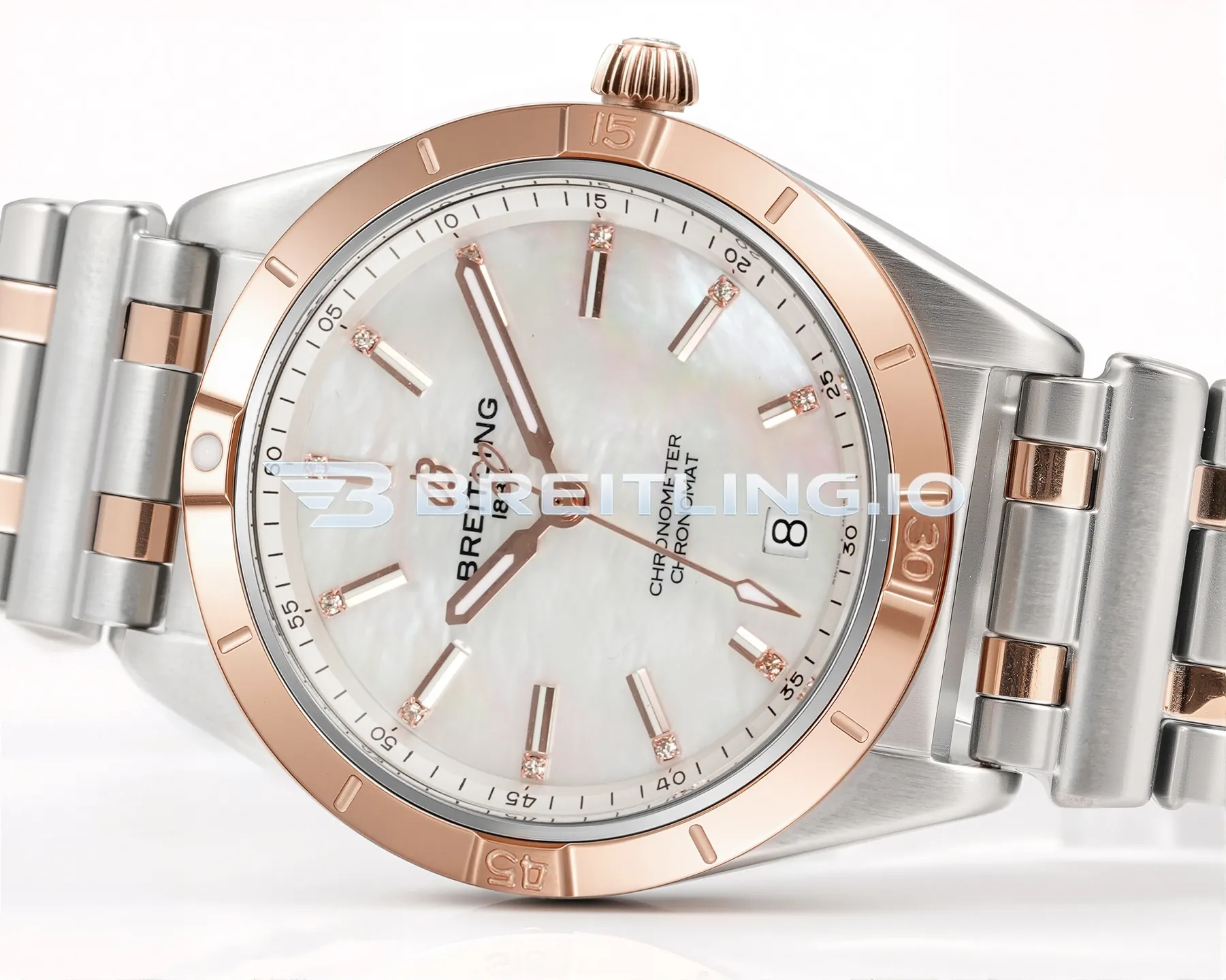 Breitling Chronomat U77310101A2U1 32mm White Mother Of Pearl Dial Polished Rose Gold Bezel Replica Dial Detail 2