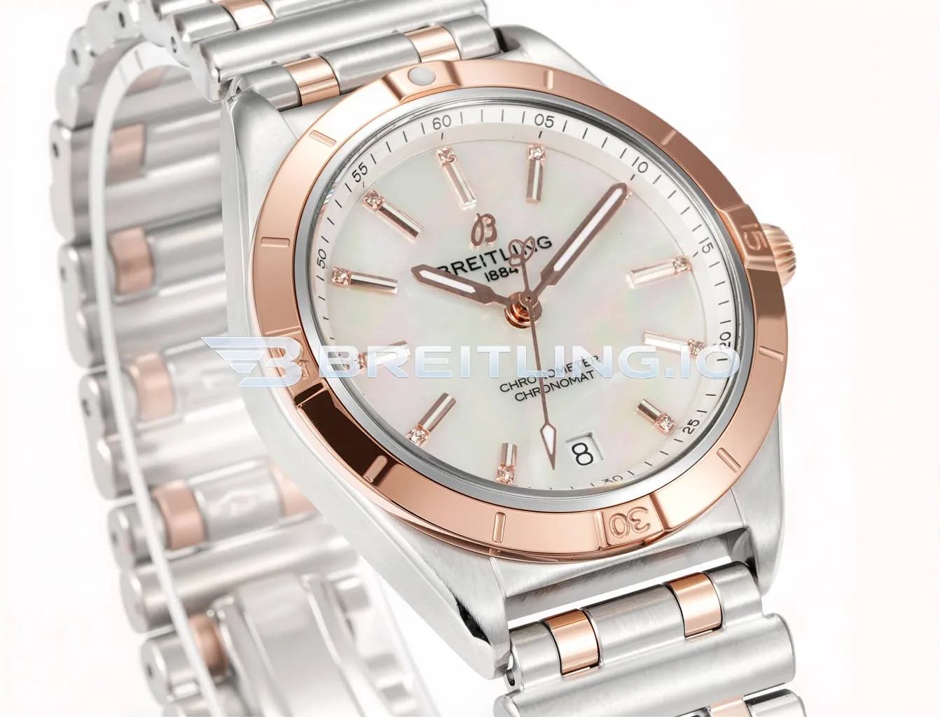 Breitling Chronomat U77310101A2U1 32mm White Mother Of Pearl Dial Polished Rose Gold Bezel Replica Side View 1