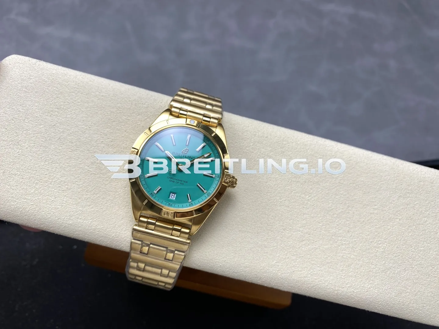 Breitling Chronomat K103801A1L1K1 36mm Mint Green Sunburst Dial Polished 18K Yellow Gold Fixed Bezel Replica Side View 2