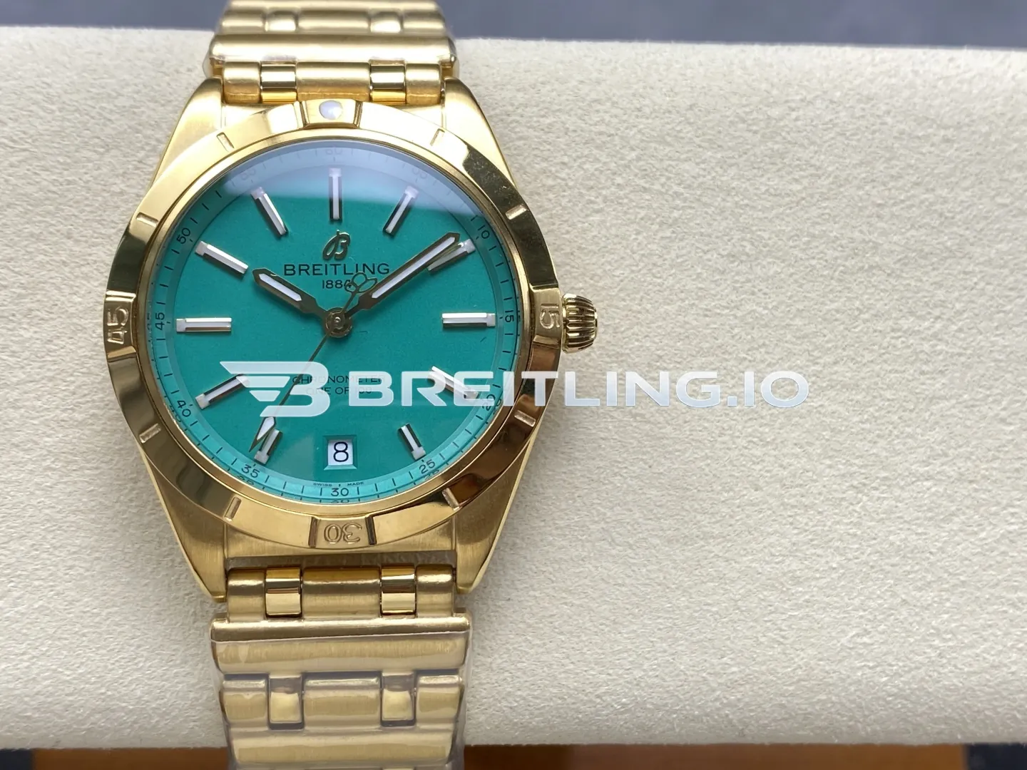 Breitling Chronomat K103801A1L1K1 36mm Mint Green Sunburst Dial Polished 18K Yellow Gold Fixed Bezel Replica Front View