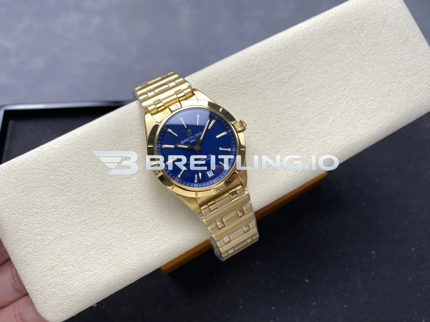 Breitling Chronomat K103801A1C1K1 36mm Deep Blue Sunburst Dial Polished 18K Yellow Gold Bezel Replica Side View 1
