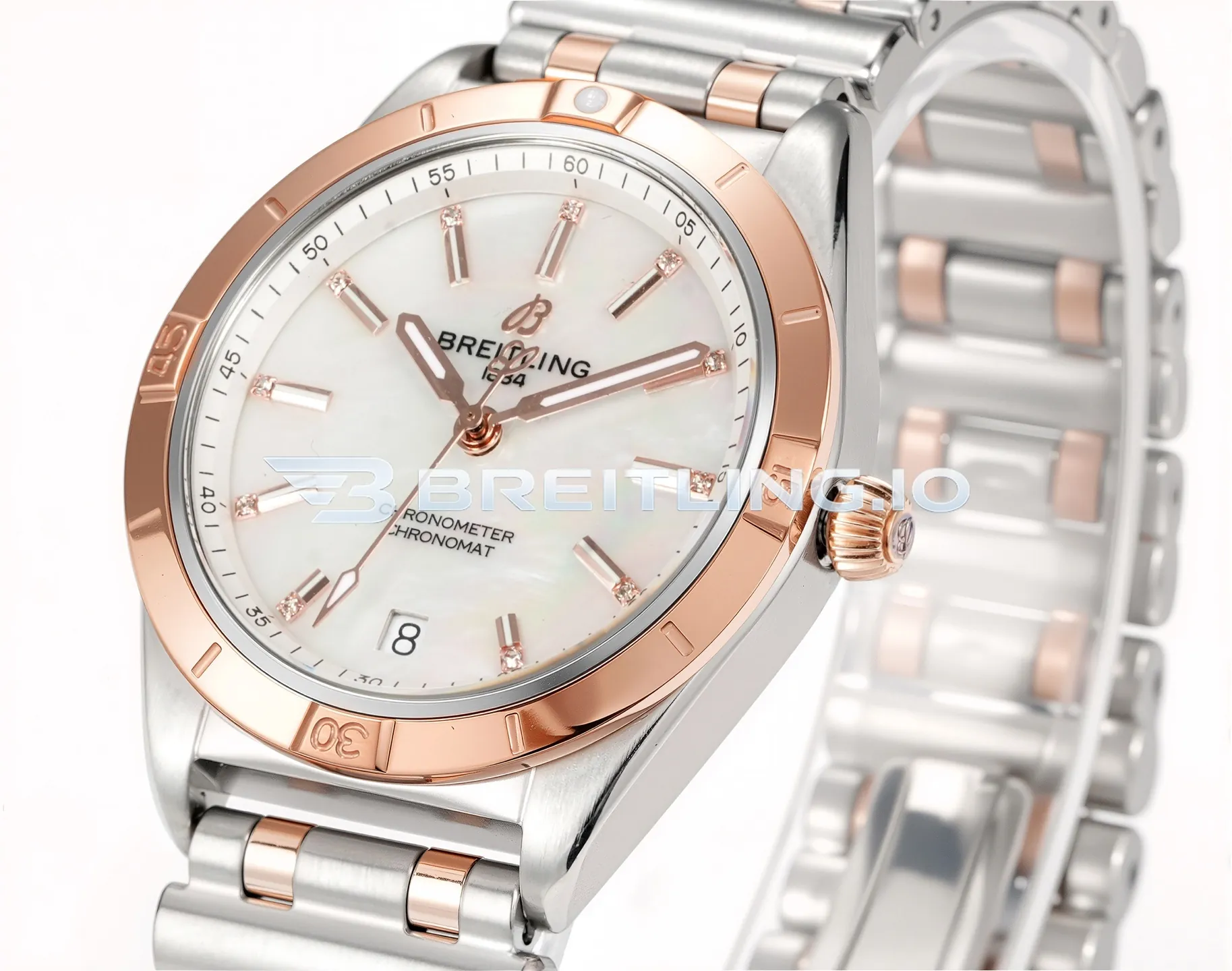 Breitling Chronomat U77310101A2U1 32mm White Mother Of Pearl Dial Polished Rose Gold Bezel Replica Side View 2