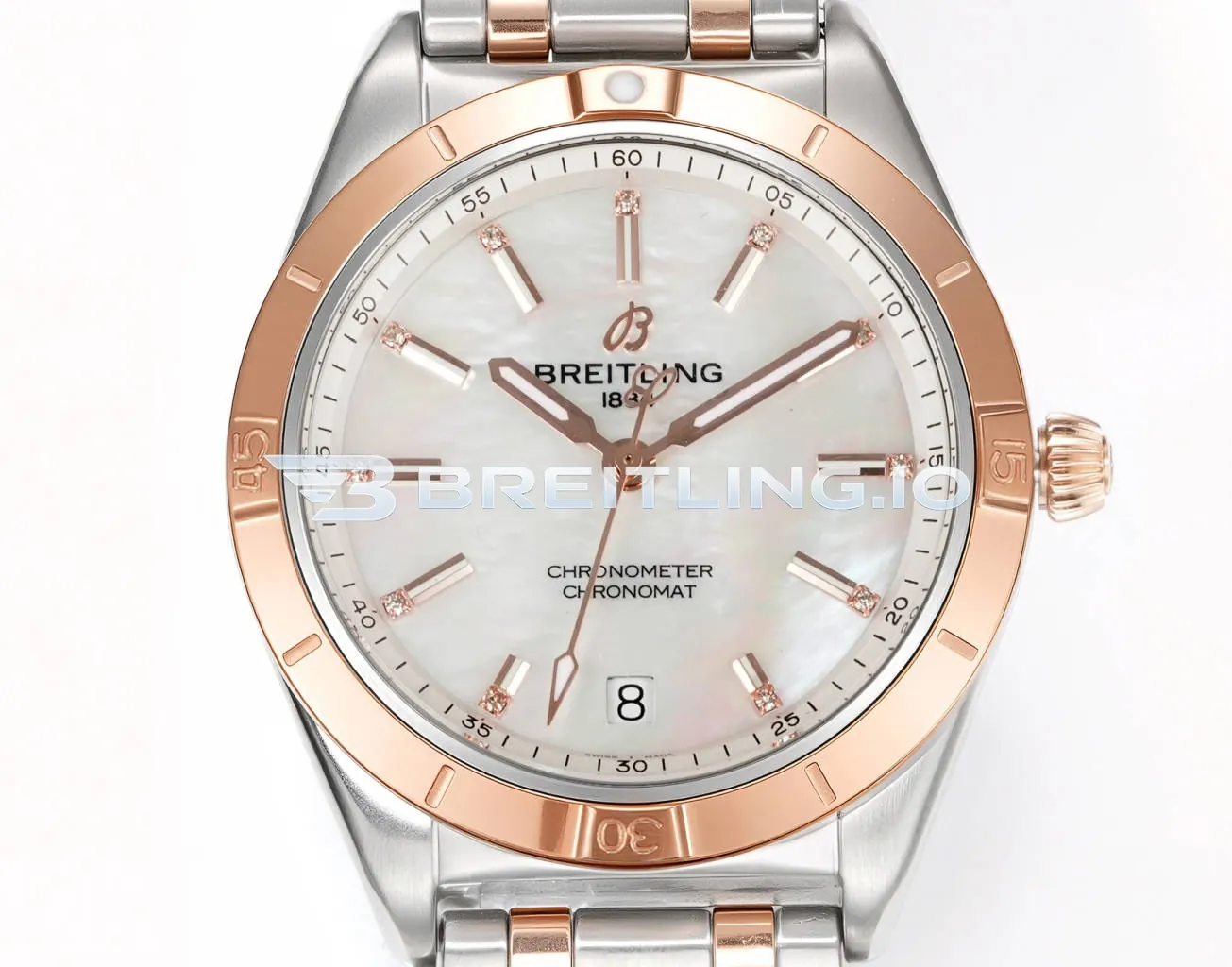 Breitling Chronomat U77310101A2U1 32mm White Mother Of Pearl Dial Polished Rose Gold Bezel Replica Dial Detail 1