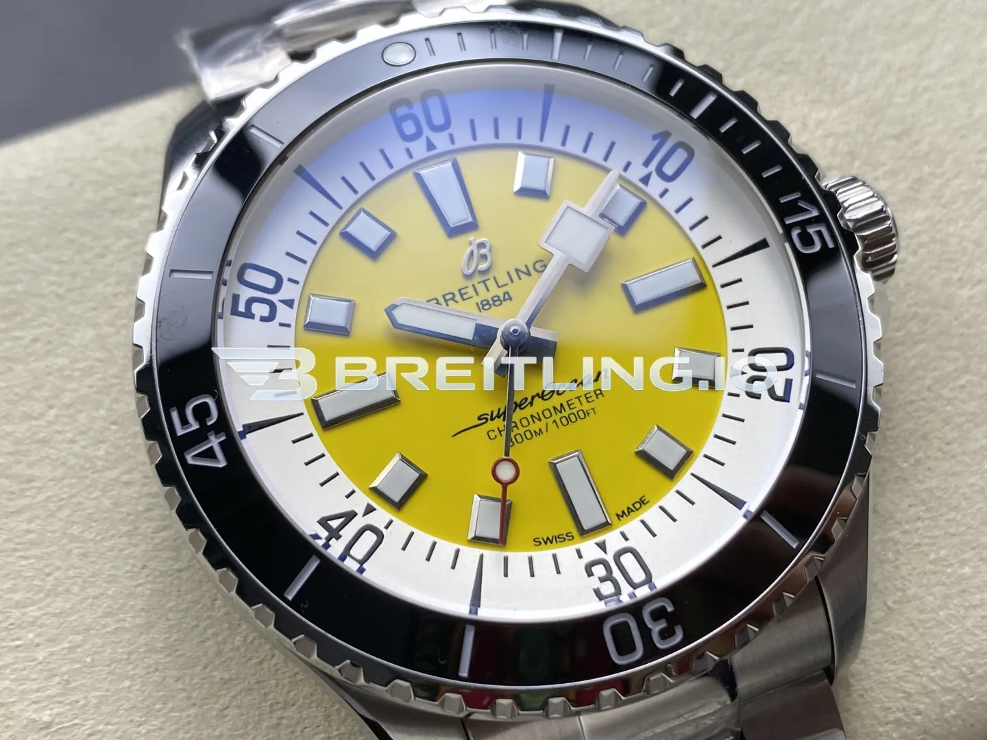 Breitling Superocean A17375211I1A1 42mm Bright Yellow Sunburst Dial Black Unidirectional Ceramic Rotating Bezel Replica Dial Detail 1