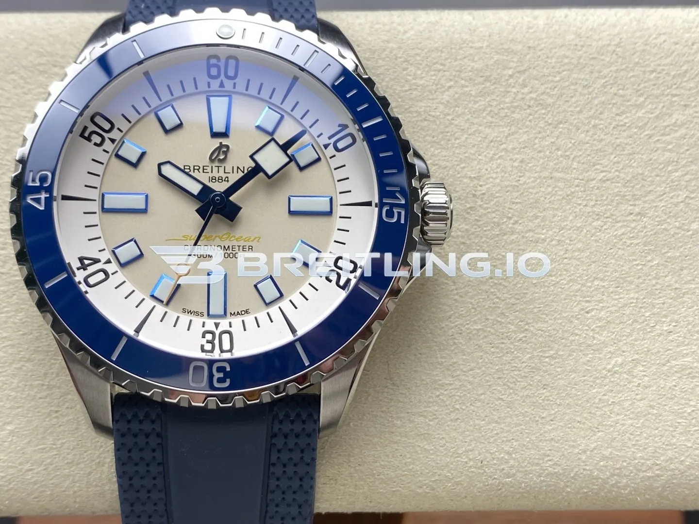 Breitling Superocean A17375E71G1S1 42mm Cream White Dial Blue Unidirectional Ceramic Rotating Bezel Replica Front View