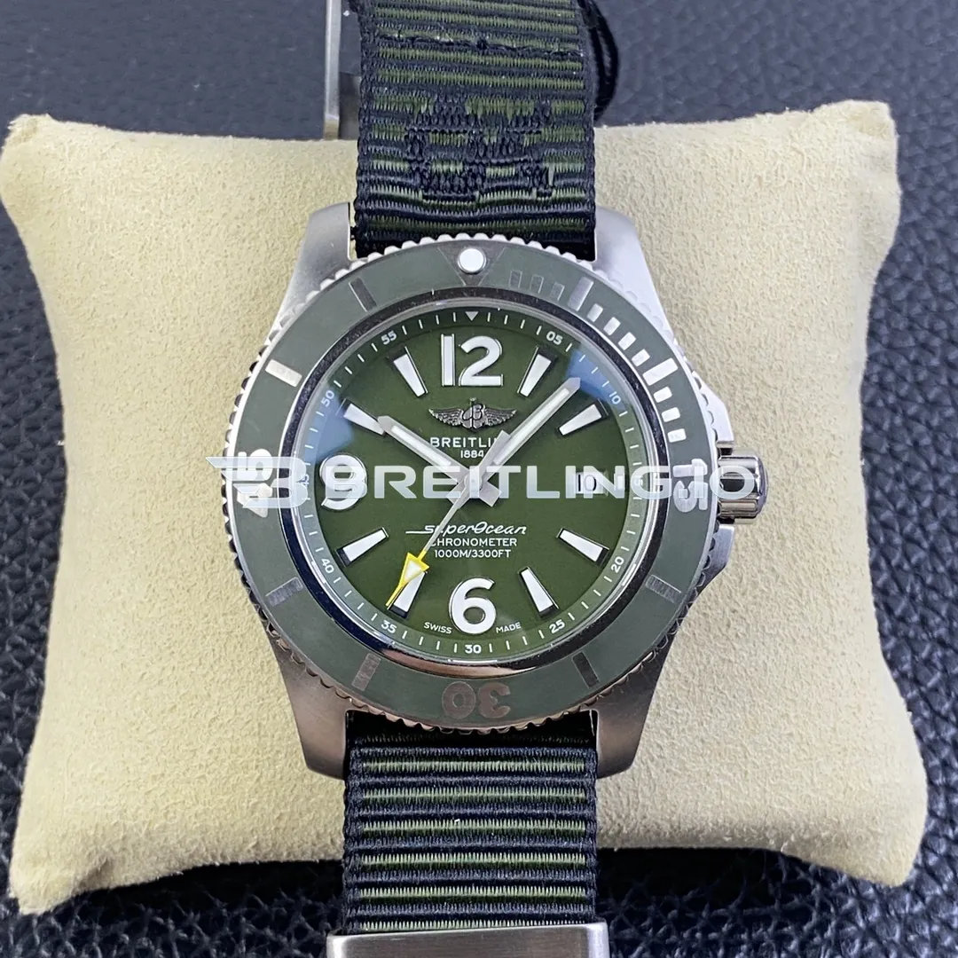Breitling Superocean A17367A11L1W1 44mm Military Green Matte Dial Green Unidirectional Rotating Bezel Replica Front View