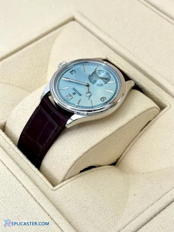 Brown leather band detail of Rolex 1908 clone