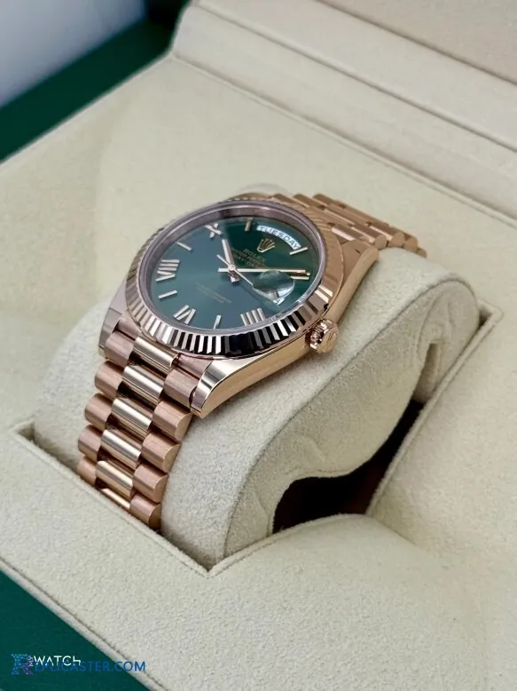Rolex Day-Date 40mm watch angled view in box