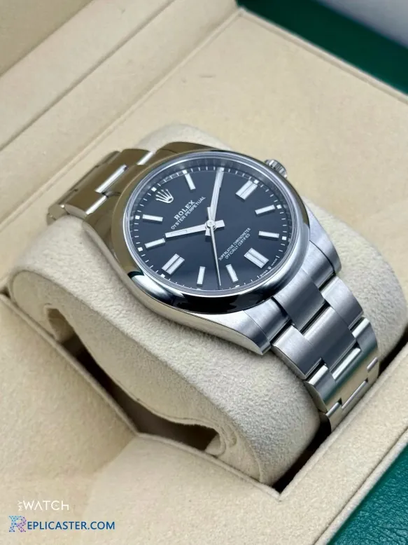 Rolex Oyster Perpetual 41mm silver band close-up
