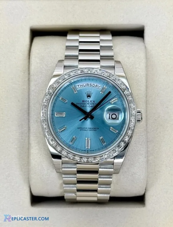 Rolex Day-Date 40mm, diamond bezel closeup