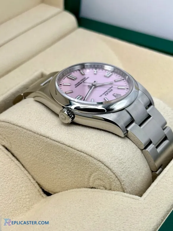 Candy pink dial detail, Rolex replica watch