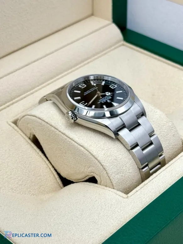 Explorer 36mm watch dial detail, black face
